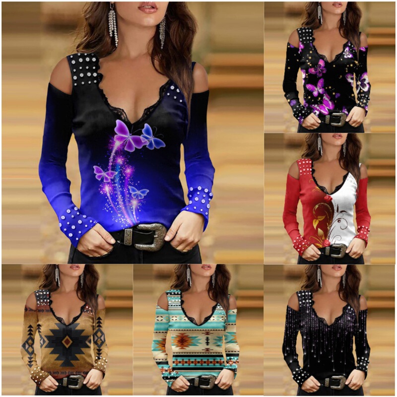 2023 autumn and winter New imitation cotton stand cross-border foreign trade metal suspenders lace V-neck long sleeve off-shoulder women's top