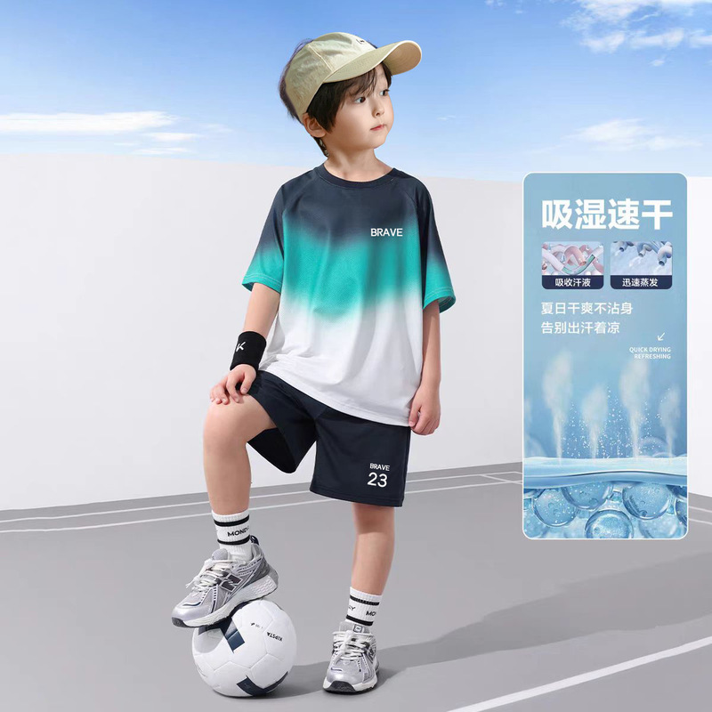 Boys Summer Suit Boys Big Kidsren Summer Gradient Short-Sleeved Thin Sportswear Fashionable 2025 New Style