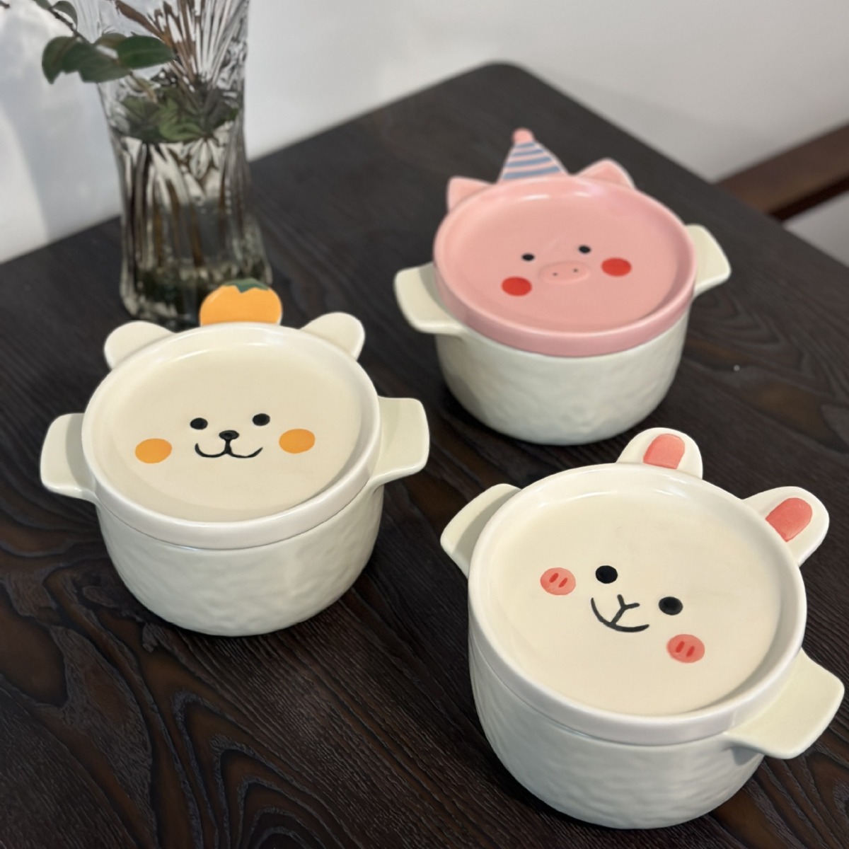 【国合陶瓷】马卡龙泡面碗卡通ins简约小熊泡面碗带盖家用汤碗