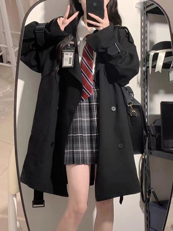 垂感学院风大衣春秋冬季新款大码胖妹妹感英伦休闲风衣外套女|undefined