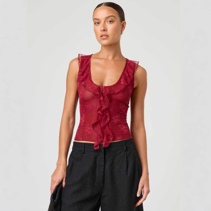 25 European and American Cross-Border Sexy Style Ruffled Sleeveless Tops Slim Design Niche Lace Vest