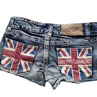 2025Ins European and American Cross-Border Street Fashion Flag Print Contrasting Color Low-Waist Sexy Slim Denim Shorts