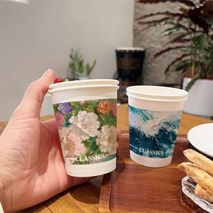 Oil Painting Paper Cup Disposable Thickened Wholesale Household Cup Office Tea Cup Commercial High Temperature Resistant Whole Box Water Cup