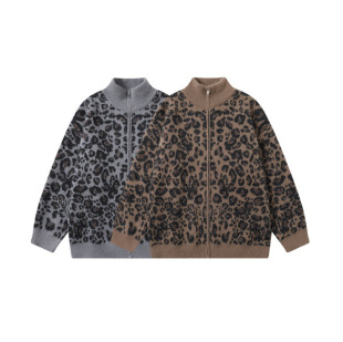 American Retro Leopard Print Half Turtleneck Cardigan Knitwear for Men and Women Autumn and Winter Long-Sleeved Loose Couple Knitwear Jacket Top