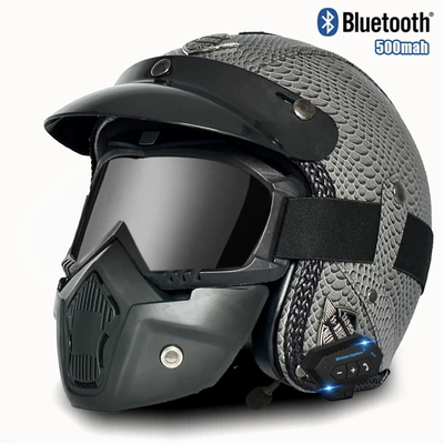 Motosiklet kaskı (dəbilqə) | car riding 3/4 half helmet - v-gray-fish-print-mask-bluetooth-s