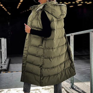 Cross-Border 2023 European and American Pure Color Mid-Length Vest Hooded Top Women's Casual Fashion Zipper Single-Breasted Jacket