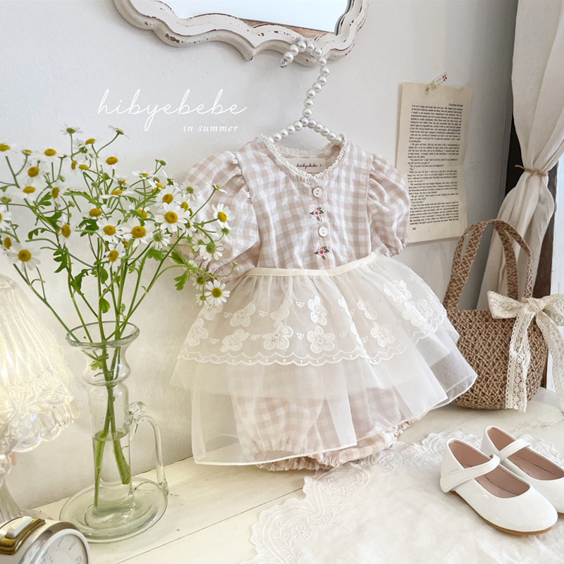 Las niñas manga de burbuja mono estilo coreano ropa para niños 2023 verano nuevo bebé gasa falda bolsa pedo mameluco Bebé Ropa de verano