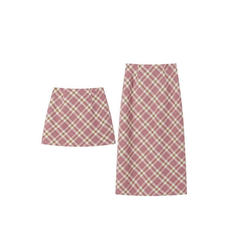 Plus Size Pink Plaid Woolen Skirt for Women Autumn and Winter New High Waist Slit Versatile Mid-Length Woolen A-Line Skirt