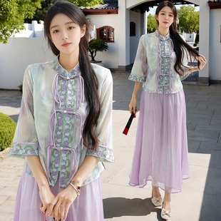 Real Shot New Chinese Heavy Industry Jacquard Embroidered Buckle Vertical Collar Sleeve Cardigan Top with Vintage Skirt suit