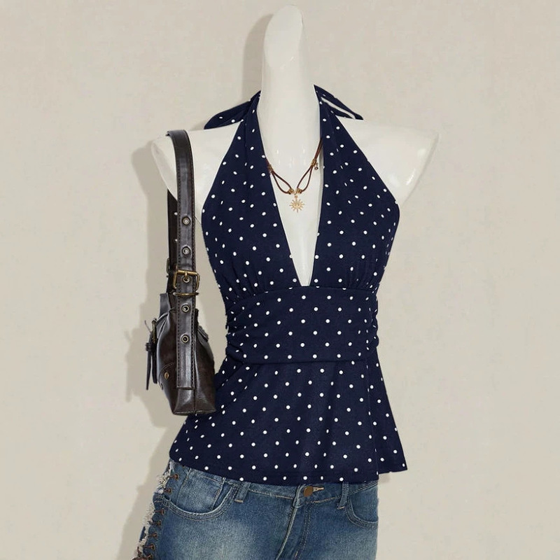 European and American Cross-Border New Summer Versatile Sleeveless Tank Top with Deep V-Neck, Halter Neck, Waist-Cinching, Slimming, Backless Top for Women