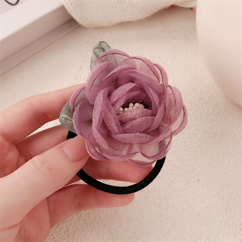 Nuevo anillo de cabello de flores de malla de goma de goma de goma de cabello de la chica de la cola de cabello de la chica pequeña fragancia
