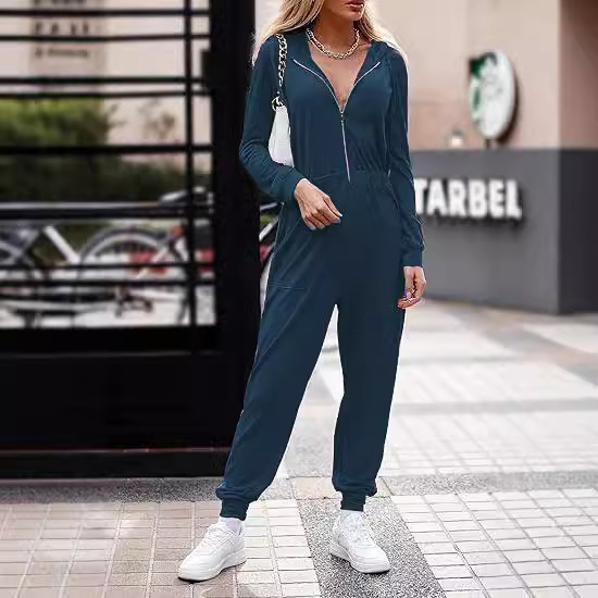 En stock deseo estación independiente 2023 Amazon Venta caliente nueva manga larga con capucha cremallera casual deportes jumpsuit mujeres