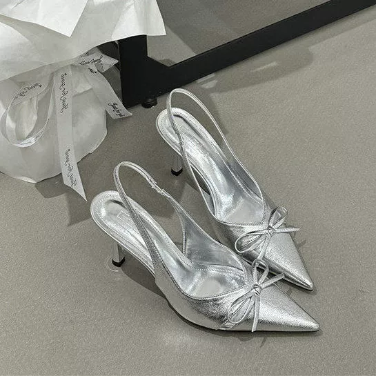 Женские босоножки-стилето с бантом, нюдовые, весна-лето 2025, новый нишевый дизайн, заостренный носок