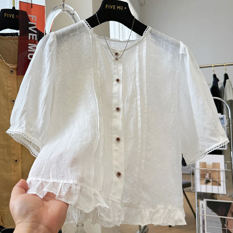 フレンチリネンラウンドネック半袖シャツ女性用夏薄いニッチ多用途ルーズコットンとリネンシャツトップ|undefined