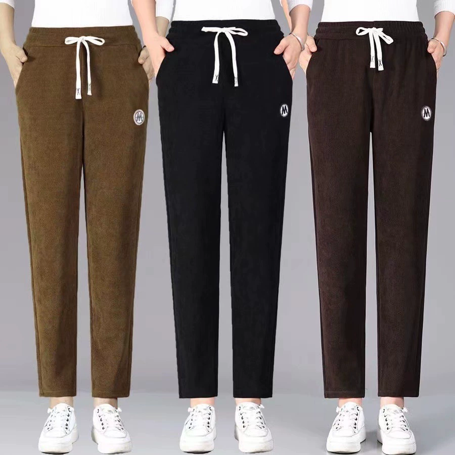 Женские повседневные брюки на зиму 2025 года, тонкие полосатые брюки из кашемира на флисовой подкладке с высокой талией, свободные женские брюки, спортивные драпированные брюки-шаровары, стройнящие фигуру