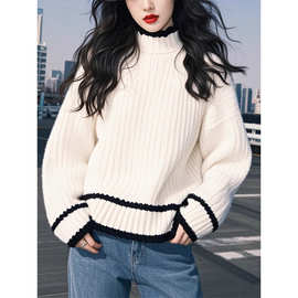 韩版高领白色套头毛衣女加厚冬季新款宽松复古慵懒风软糯针织上衣
