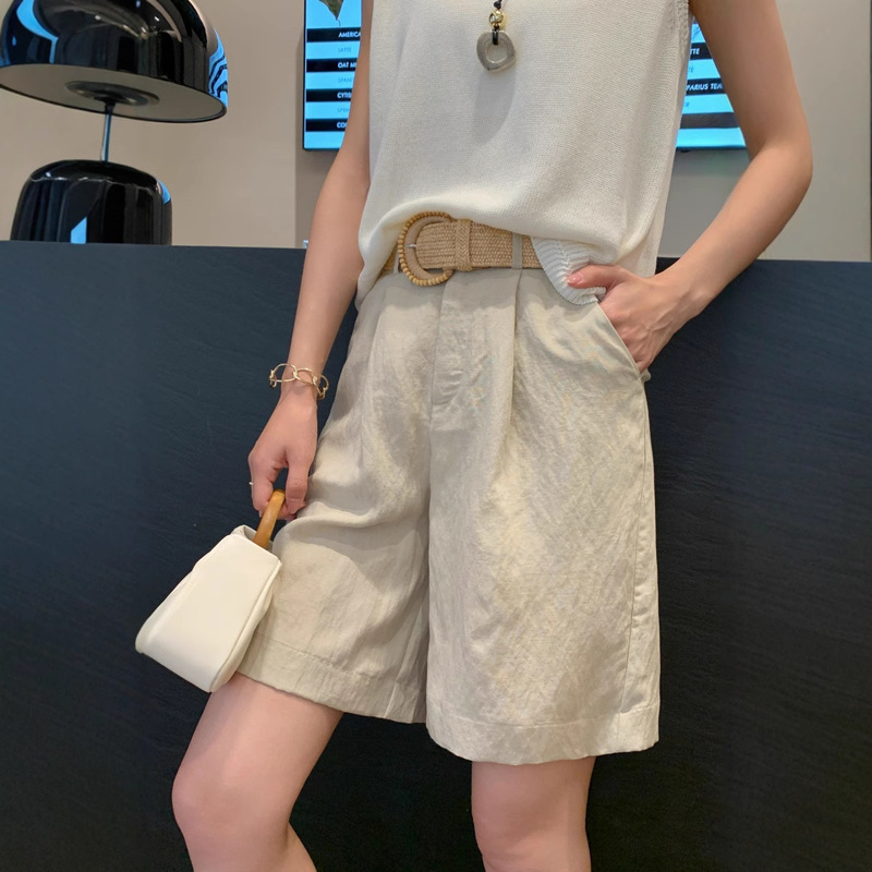 Tencel Linen High-Waisted Commuting Casual Shorts for Women, Slimming and Wrinkle-Free