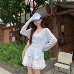 韩系条纹系带薄款天丝防晒针织衫女2025夏季新款宽松V领上衣开衫