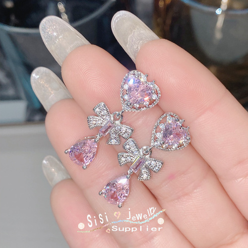 SIsi high-end micro-paved zirconium 925 silver needle bow earrings gold-plated love niche cute earrings