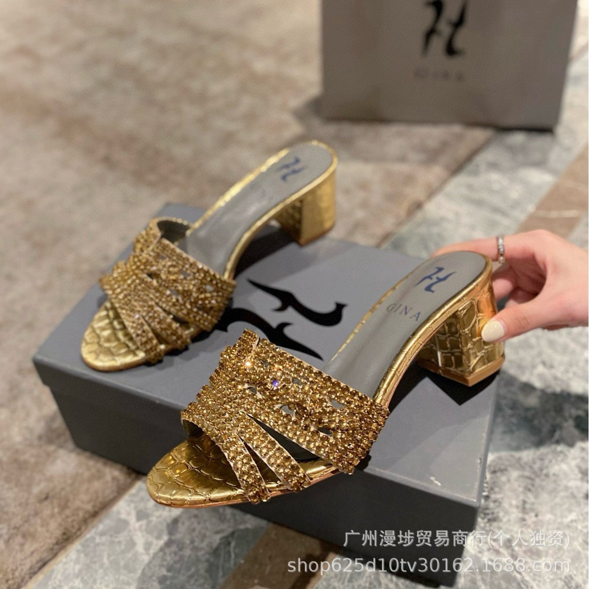 跨境外贸百搭一字拖女鞋夏季新款水钻高跟鞋外穿凉鞋亮片粗跟凉拖
