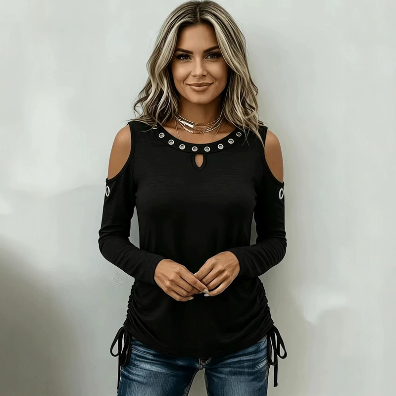 Cross-border 2026 new long-sleeve autumn design irregular slimming sequin strap off-shoulder round-neck hollow-out T-shirt Cross-border 2026 new long-sleeve autumn design irregular slimming sequin strap off-shoulder round-neck hollow-out T-shirt