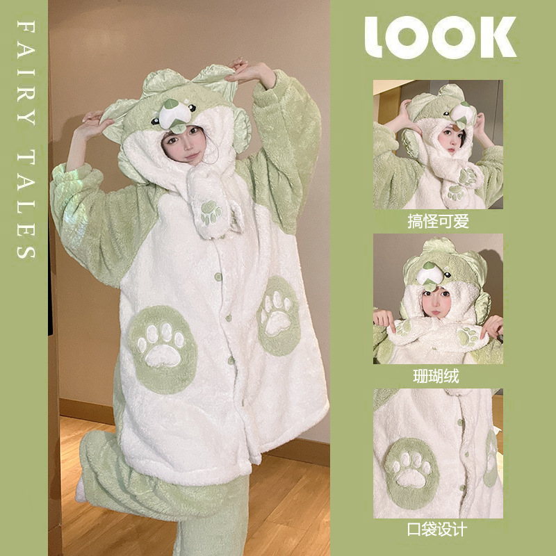 Autumn and Winter Thick Plush Cartoon Green Vegetable Dog Couple Pajamas Internet Celebrity Men and Women Flannel Home Wear Set Large Size
