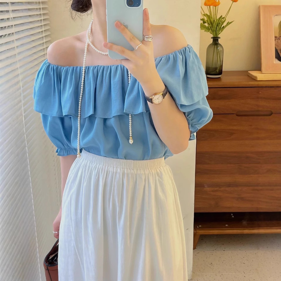 2026 도파민 컬러 쇄골 노출 원숄더 셔츠 러플 반팔 달콤하고 섹시한 탑 쉬폰 셔츠