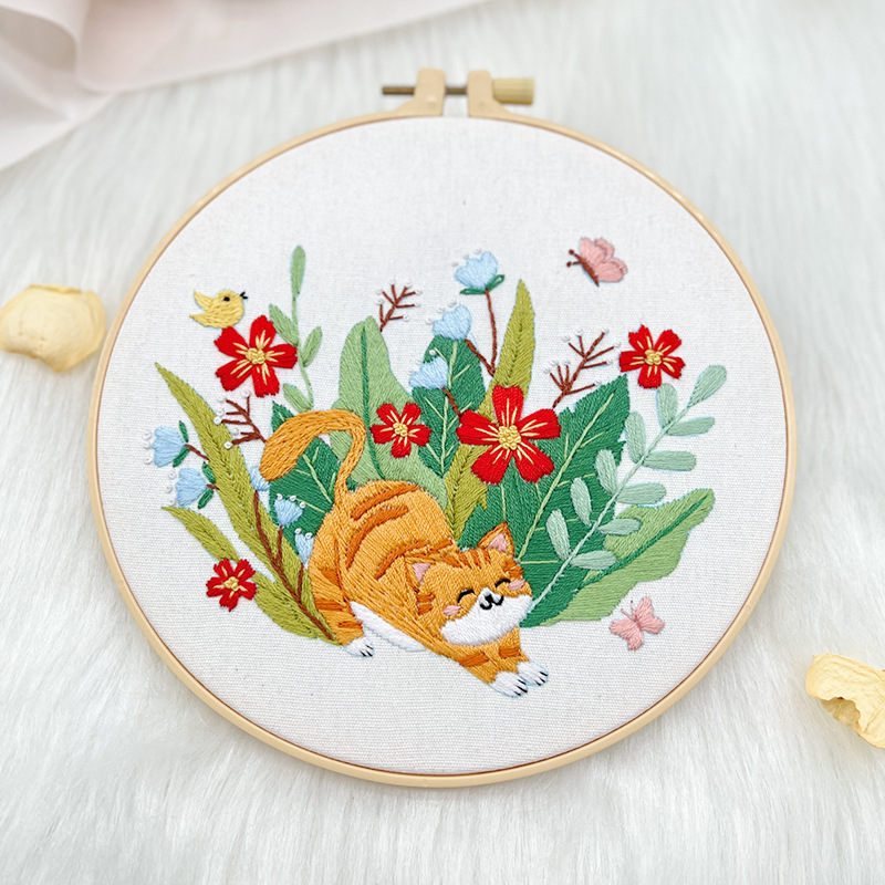 Flor gato traje colgante pintura Lu bordado dibujos animados animal inglés novato bolsa bordado DIY material bolsa salón colgante hecho a mano