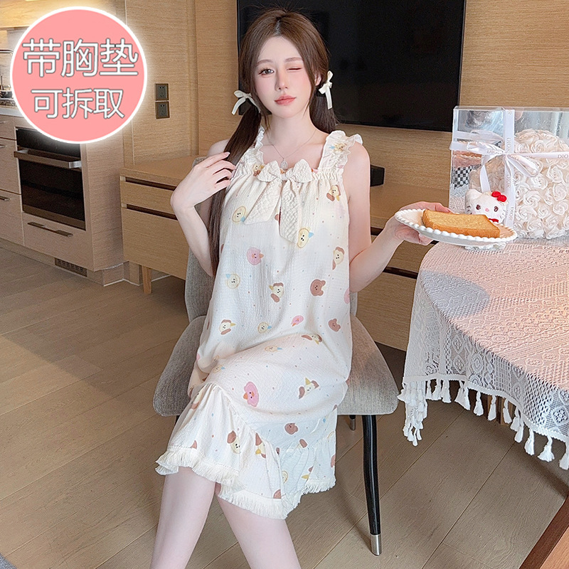 Pijama de algodón burbuja mujer verano dulce con cojín en el pecho honda camisón largo talla 200 kg ropa de hogar ropa exterior