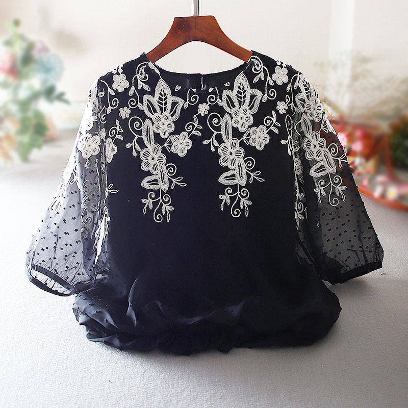 Summer High-End Chinese Style Loose Casual Heavy Embroidery Floral Chiffon Shirt Light Luxury Slimming Women's Top