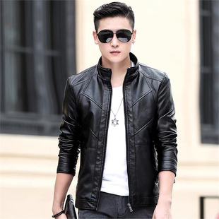 Autumn and Winter PU Collar Men's Casual All-match Jacket Korean Style fleece-lined Slim-fit Handsome Youth Biker Suit Leather Jacket
