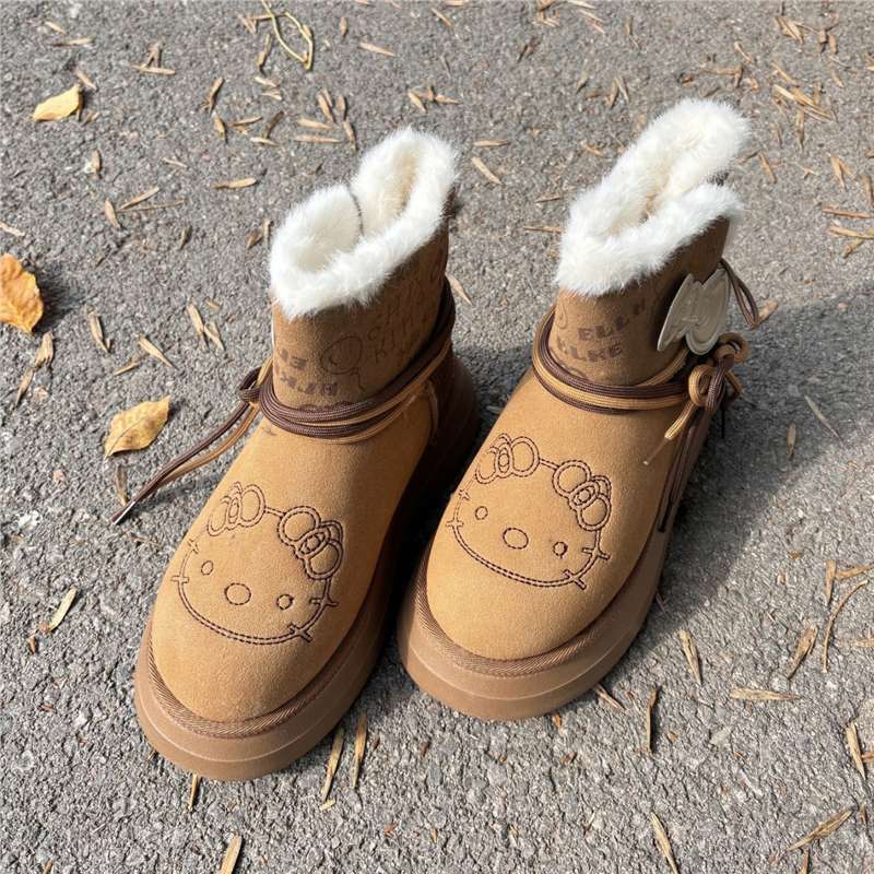 kt联名新品！厚底加绒系带雪地靴女秋冬新款外穿踏雪保暖短筒棉靴