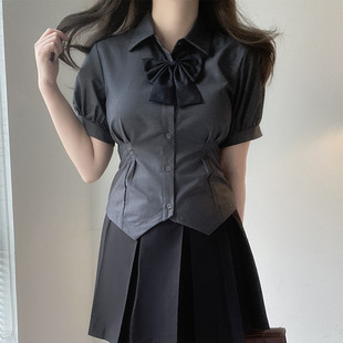 Orthodox Japanese Style Jk Uniform, Preppy Style Waist-Length Long-Sleeved Gray Shirt, Preppy Style Pure Lust Hottie Top to Show Off Your Figure