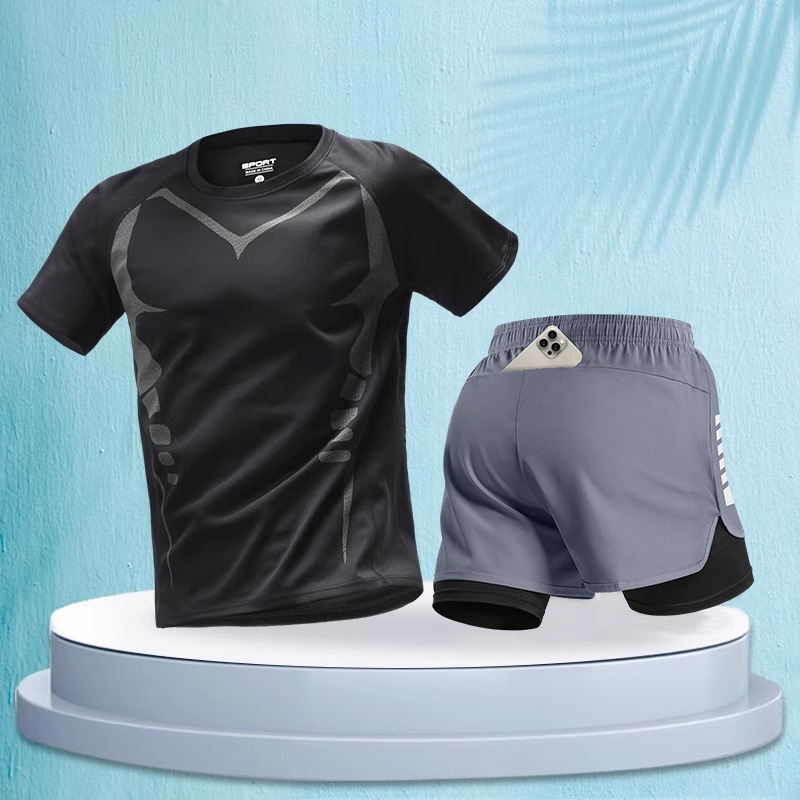 ランニングメンズスポーツスーツマラソンプロ夏半袖ショーツ機器速乾性トレーニングフィットネス服|undefined