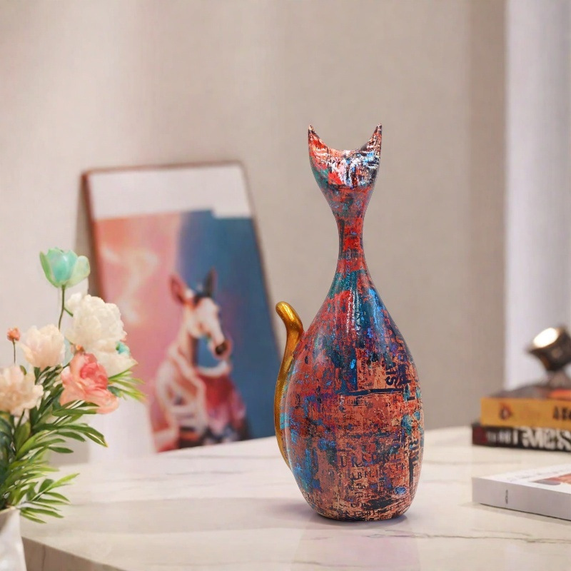 Creative European Style Home Oil Painting Cat Animal Ornaments Hotel Living Room Valentine's Day Gift Resin Crafts