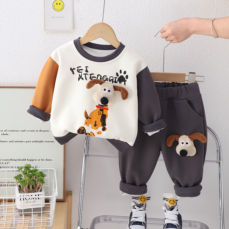 Vêtements de printemps pour garçons et filles, dessin animé de chiot 3D, col rond fendu, manches longues, 1 ensemble 2 pièces pour enfants, automne 2024_voghion.com