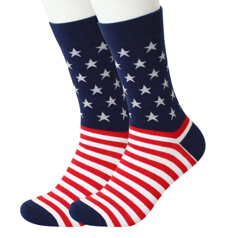 American Independence Day Flag Socks Cross-Border Amazon Pure Cotton Color Block Five-Pointed Star Striped Mid-Tube Socks Men's Wedding Socks
