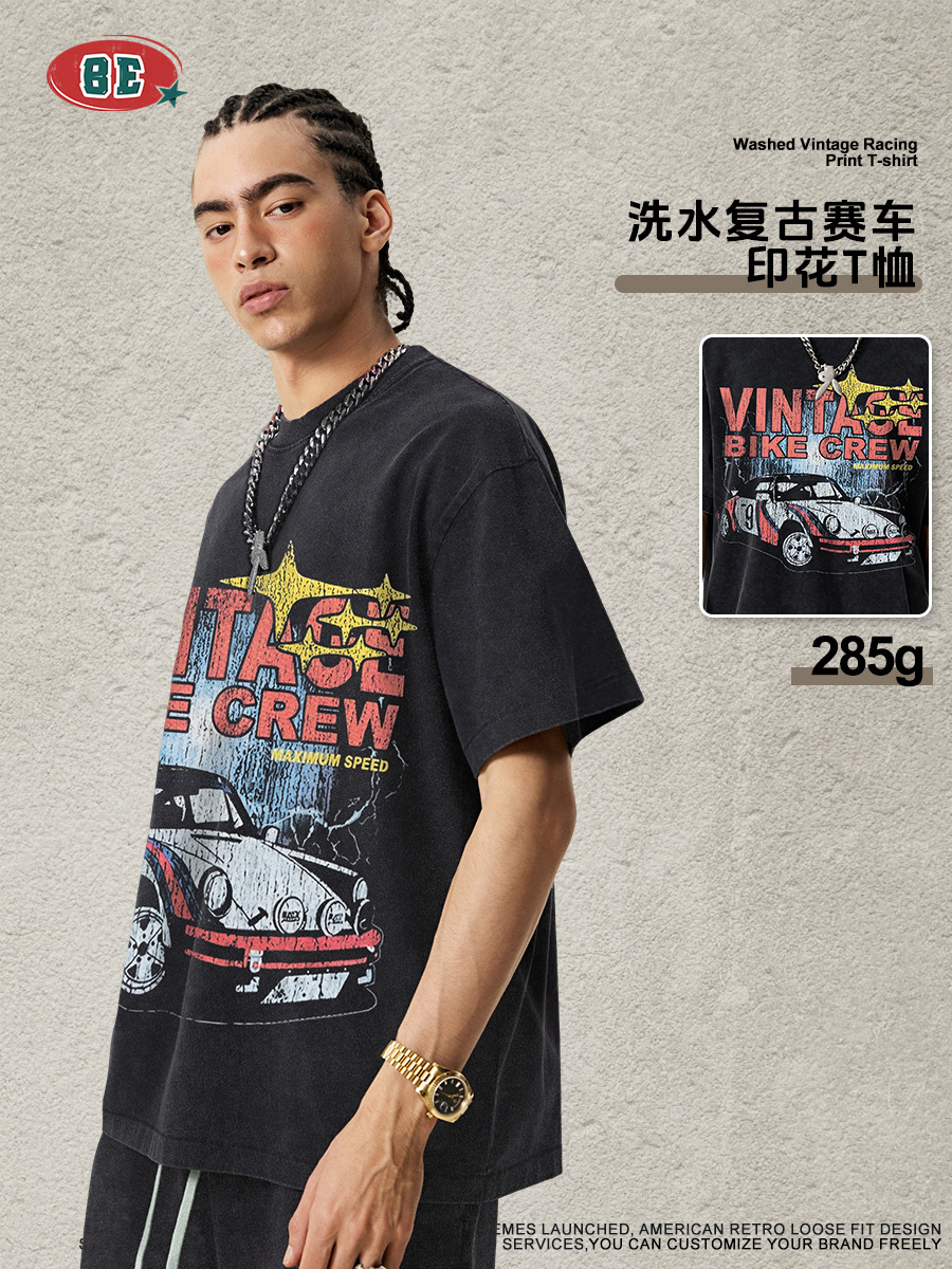 Be Hombres| Marca de moda americana de alta calle suelta impresión de carreras camiseta de nieve frita hacer agua vieja lavada hombro manga corta