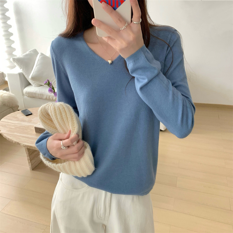 韩版基础款圆领卷边针织衫打底女早秋慵懒风毛衣长袖软糯内搭上衣|undefined