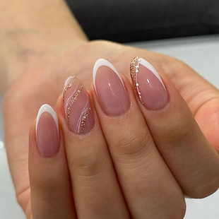 Classic White French Nail Art Simple Short Almond-shaped Dressing Nail silver Glitter Wave Stripe Fake Nail Patch