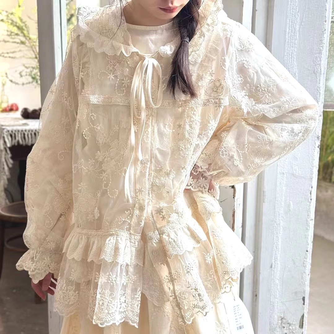 春夏新款韩版宽松蕾丝刺绣镂空连帽衬衫少女甜美防晒开衫上衣外套