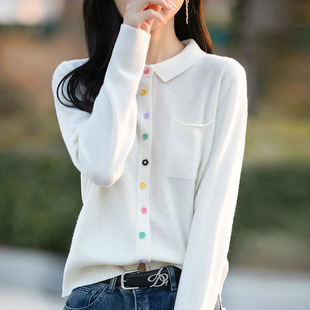 Spring and Autumn New Korean Style Worsted Wool POLO Collar Cardigan Women's Solid Color Elegant Color Buckle Loose Long Sleeve Sweater
