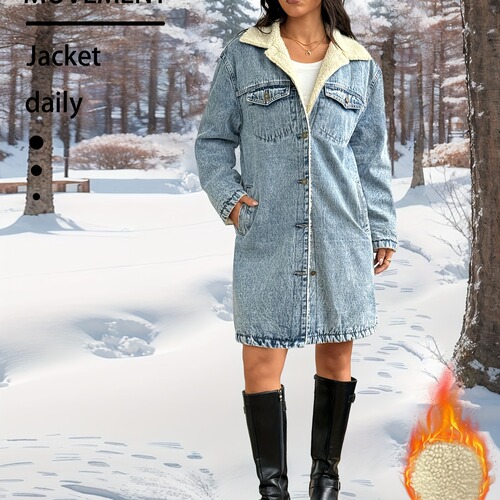 New Elegant Women's Casual Stylish Long Sleeve Washed Cotton Coat with Fleece Retro Denim Jacket for Women Blue Other