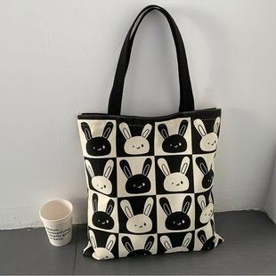 Rabbit Bag 2024 New Ins Canvas Bag Women's Single Shoulder Large Capacity Student Class Portable Zipper Canvas Bag