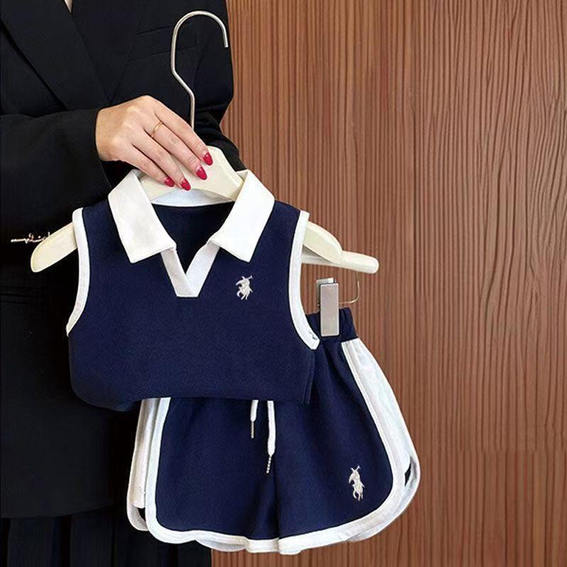 Children's New Polo Shirt Shorts Two-Piece Summer Outdoor Sports Suit Thin Summer Girl's Sleeveless Suit