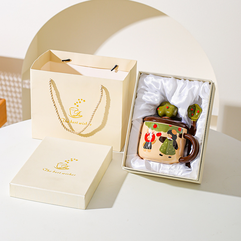 Apple Tree Girl cerámica vintage taza de alto valor con cuchara de cubierta taza de agua de oficina taza de café taza de desayuno