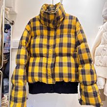 美式2025格子复古面包短款保暖冬季新款立领加厚棉服外套黄色氨纶