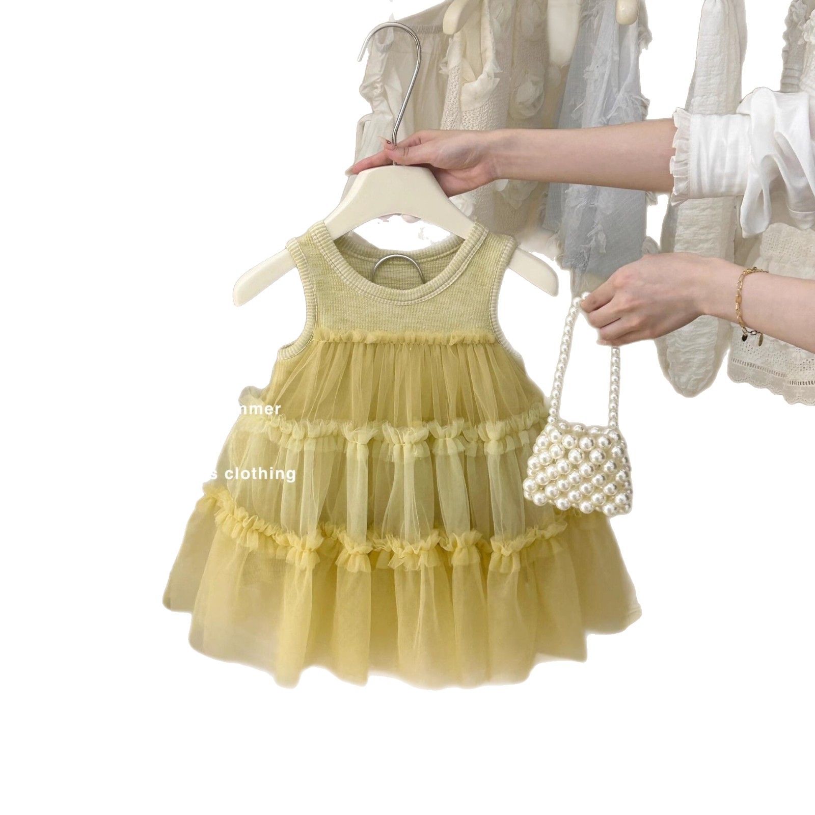 [Xianning Seven] Vestido de chaleco de costura de malla para niñas coreanas Falda larga de hadas Vestido de princesa de estilo occidental para bebés