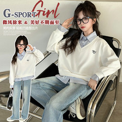 女の子春服セット2025新型中大童偽二枚のガードルデニムのワイドパンツ二枚セット春の子供