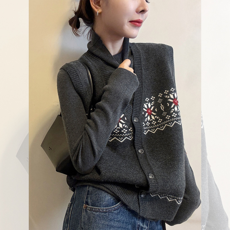 Vintage Fair Isle Style Jacquard Knit Buttoned Vest Layered with a Base Layer Top Trendy Waistcoat
